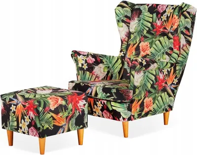 Produktbild von Family Meble Ohrensessel mit Hocker Print Relaxsessel Skandinavisch Bequemer Sessel Loungesessel Fernsehsessel Wohnzimmer Schlafzimmer Büro (M 133)