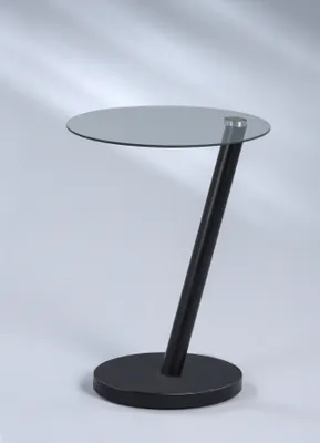 A modern side table with a round glass top and a single, angled black support on a round base.