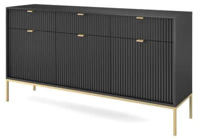 Zdjęcie produktu dla Komoda NOVUM, czarna, z metalową ramą w kolorze złotym, wymiary: 154 × 83 × 39 cm – designerska komoda z 3 drzwiczkami i 3 szufladami