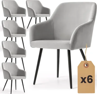 Produktbild von 6er Set Glatte Velours Esszimmerstühle ESTELLE Grau mit schwarzen Beinen