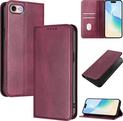 Produktbild von Handyhülle für iPhone 6/7/8/SE 2020/iPhone SE 2022, Vintage Leder RFID Schutz Kartenfach Standfunktion Magnetische Klapphülle Rot