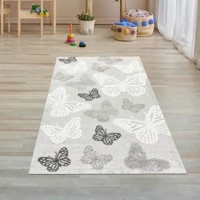 Produktbild von Teppich Kinderzimmer Babyzimmer Schmetterlingsmuster 3d-Effekt Creme Größe - 80 x 150 cm