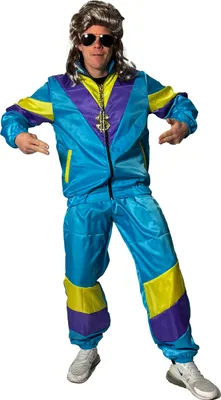 A man wearing an 80s-style tracksuit costume.