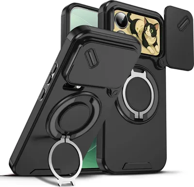 Immagine prodotto di Custodia a doppio strato per Xiaomi 17 Pro Max, con copertura scorrevole per fotocamera e supporto magnetico ad anello Nero