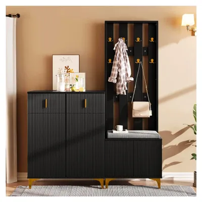 Produktbild von Garderobenset mit Schuhbank und Kissen, Garderobe mit Haken, Schuhschrank mit Schubladen und Türen, 60,5 x 180,5 x 35,2 cm + 83 x 101 x 35 cm (Schwarz)