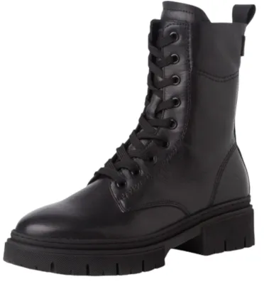 A black leather lace-up boot.