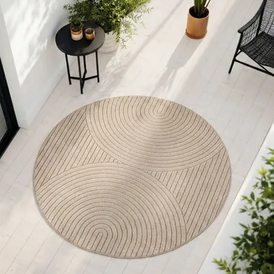Produktbild von Carpetsale24 Outdoor Teppich, Modern Boho Design, 3D Effekt, Robust und UV-Beständig, ideal für Terrasse Wohnzimmer & Küche, Grösse: 80 cm Rund
