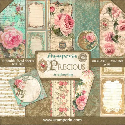 Produktbild von Scrapbook-Block Precious 30,5x30,5 cm, 10 Bogen, 190 g/m², beidseitig bedruckt, mit Rosen- und Ornamentmotiven