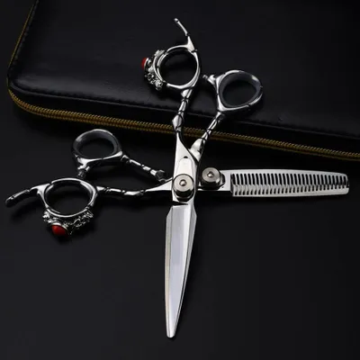 Produktbild von Professionelle Haarschneideschere, 6 Zoll, aus gehobenem Stahl mit Ringhaarschere zum Schneiden von Friseurhaar, Effilierschere und Friseurscheren-Set