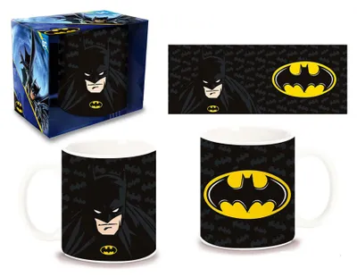 Produktbild von Batman Lizenz Keramik Tasse mit Logo, weiß, Ø8,9 H10,5cm, 320 ml Fassungsvermögen