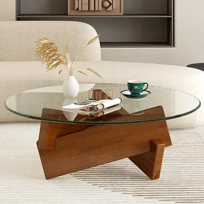 Produktbild von Moderne ronde Salontafel aus Glas mit Holzbeinen für Wohnzimmer