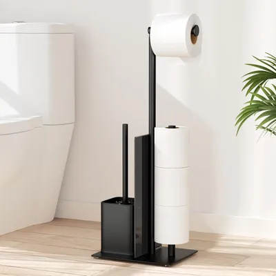 Image de Porte-toilettes debout avec brosse et porte-brosse WC avec porte-rouleau WC et tablette en verre - noir