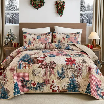 Zdjęcie produktu dla Narzuta świąteczna kołdra - 220 x 240 cm - Brązowa - Z 2 poszewkami na poduszki