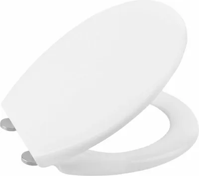 A white toilet seat with soft-close hinges, shown from a slightly elevated angle against a white background.
