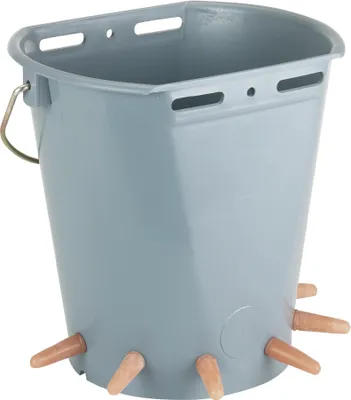 A gray bucket with six brown teats attached to the bottom.