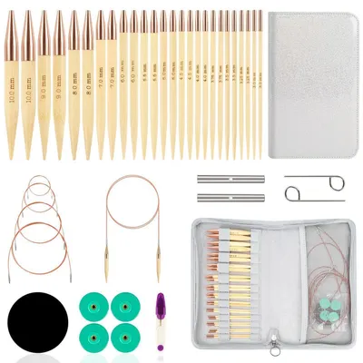 Produktbild von Rundstricknadeln Set Bambus Austauschbar 13 Paar 3-10 mm 40-100 cm mit Tasche