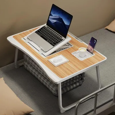 Obrázok produktu pre Sklopný stolík na notebook – Výškovo nastaviteľný písací stolík na notebook – L-tvarový stolík na posteľ – S zásuvkami – Drevo – Biela farba