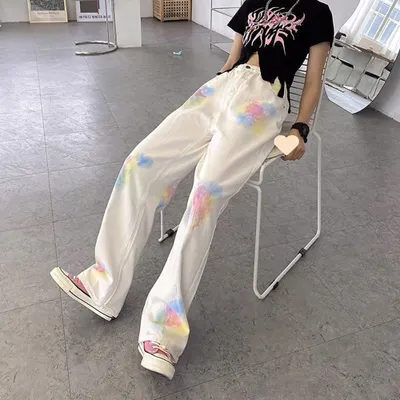 Produktbild von 360Home Damen Gerade Weite Loose-Fit Tie-Dye Jeans Weiß L
