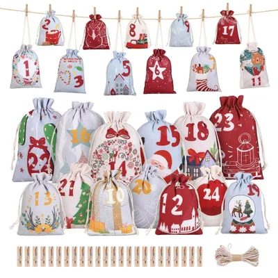 Produktbild von Adventskalender zum Befüllen 24 Stück Stoff Säckchen 2 Größen mit Holzklammern und Schnur