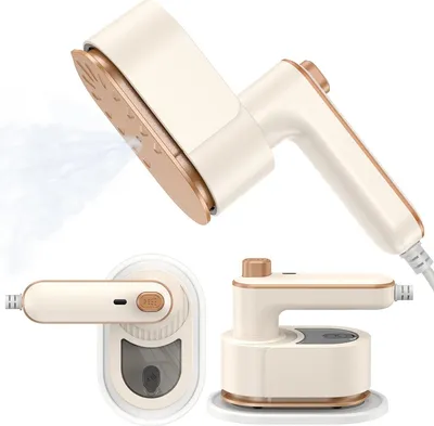 A collage of a portable steam iron, showing different angles and a close-up of the steam function.
