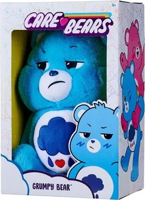 A product box for a Grumpy Bear plush toy, featuring the Care Bears logo and illustrations of Care Bears.