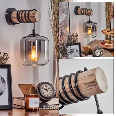 Produktbild von Pernate Wandlampe aus Metall/Holz/Glas in Schwarz/Natur/Rauchfarben/Klar
