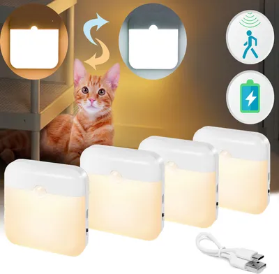 Immagine prodotto di 4 pezzi luce notturna, bianco caldo e bianco freddo, USB ricaricabile con rilevatore di movimento (sensore crepuscolare) Luce LED per armadietto, magnetica