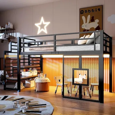 Obrázok produktu pre Postel pre deti, 90 x 200 cm, kovová, poschodová posteľ s písacím stolom, LED osvetlením, detská posteľ s rebríkom, jednolôžková posteľ s úložným priestorom, čierna