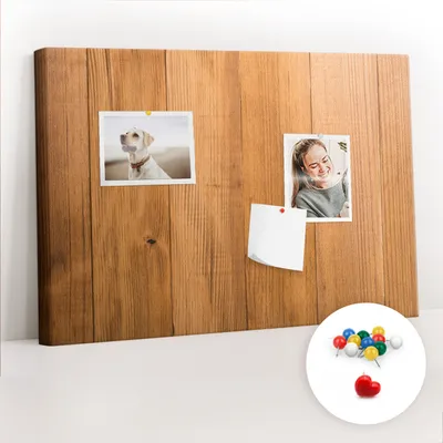 Obrázok produktu pre Korková tabuľa Tabuľa na poznámky Tabuľa na špendlíky - učebná pomôcka 60x40 cm - 100ks farebné kolíkov - Drevené dosky