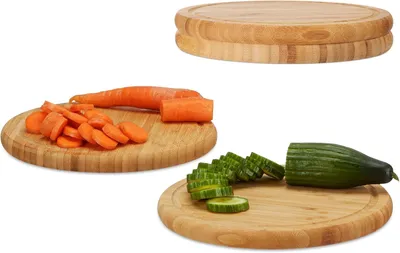Produktbild von Frühstücksplanken – Set mit 4 Stück – 25 cm – Bambus – Pflegeleicht – Rund – Küchenbrett – Servierbrett – Natürliches Material