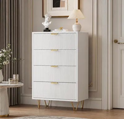 Productafbeelding van INONEFT Kommode met 4 lades, dressoir met gouden poten en handgrepen, grote kast voor woonkamer, hal, garderobe, wit