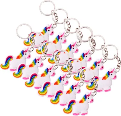 Produktbild von 12 Stück TE-Trend Schlüsselanhänger Regenbogen Einhorn Pferd Kette Ring Keychain Rainbow Unicorn Mädchen Geburtstag Mitgebsel