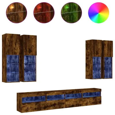 Image de vidaXL Meuble TV 7 pièces avec lampes LED chêne fumé