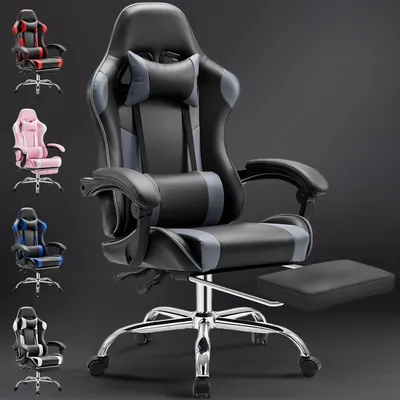 Productafbeelding van Ergonomische gamingstoel met voetsteun, verstelbaar lendensteun, draagvermogen van 150 kg, geschikt voor kantoor en thuisgebruik