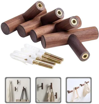 Image de Lot de 4 crochets muraux en bois avec vis - Supports muraux - Supports muraux en bois naturel - Crochets muraux en bois - Fixation murale