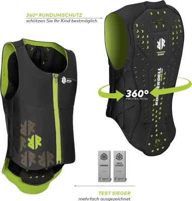 A product image showing a protective vest from different angles, with promotional text and awards.