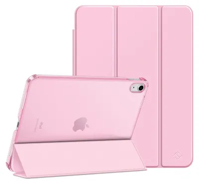 A pink iPad case is shown from the back and side, with the case folded to act as a stand.