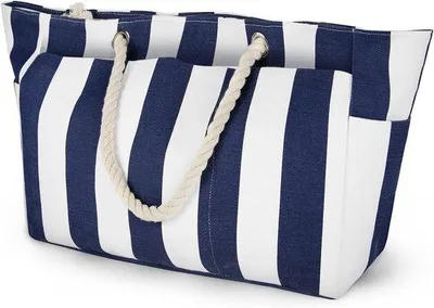 Image de T-shirt de nuit familial XXL avec fermeture éclair - Grand sac de plage pour homme - Design simple à rayures bleues et blanches