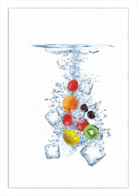 Produktbild von Wallario Wandbild Obst-Eiswürfel-Mix im Wasser mit weißem Hintergrund, Größe: 61 x 91,5 cm, Poster mit rahmenlosen Bildhalter