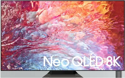A television screen displaying a colorful abstract image with text overlay.