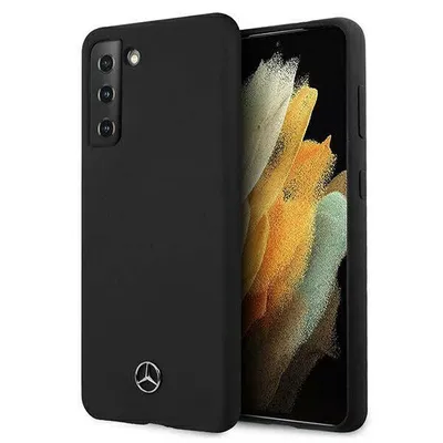 A black smartphone case with a Mercedes-Benz logo on the back, placed next to a smartphone.