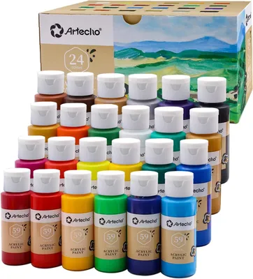 Produktbild von Artecho Acrylfarbe 24 wasserfeste Farben, je 59ml Flaschen mit Klappverschluss, für Papier, Ton, Holz, Steine – zum Reisen, Malen & Freude verschenken