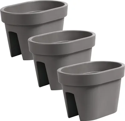 Three gray oval balcony planters are arranged in a staggered formation against a white background.
