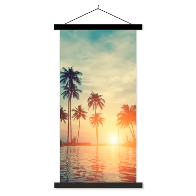 Produktbild von MuchoWow® Textilposter Meer - Sonnenuntergang - Palme - Wolken 40x80 cm mit schwarzem Rahmen - Wandemalerei