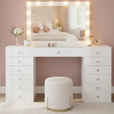 Immagine prodotto di Comò da trucco Attalla con specchio stile Hollywood | Colore: Bianco | Dimensioni: 150x55x155 cm