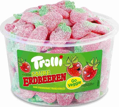 Produktbild von Trolli Sour Strawberries, Weiche Süßigkeiten, 1,2 kg, Erdbeere, Grün, Rot, 352 kcal, 85 g