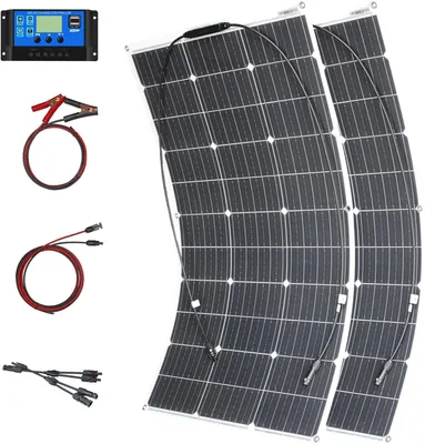 Imagen del producto de Kit de panel solar flexible de 200W y 12V, monocristalino, con regulador de carga, ideal para autocaravanas, barcos y caravanas
