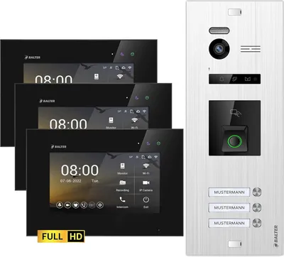 Produktbild von Balter EVO HD Video Türsprechanlage mit Fingerprint und RFID für 3 Familienhaus, 3x Monitore