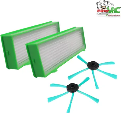 Two green vacuum filters and two turquoise brushes are arranged on a white background, with a logo in the upper right corner.