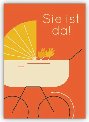Produktbild von Trendige Retro Babykarte zur Geburt eines Mädchen mit Vintage Kinderwagen i orange: Sie ist da!
